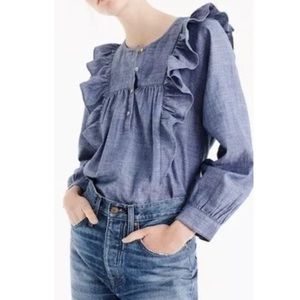 J. Crew Ruffled Popover Chambray Denim Blouse